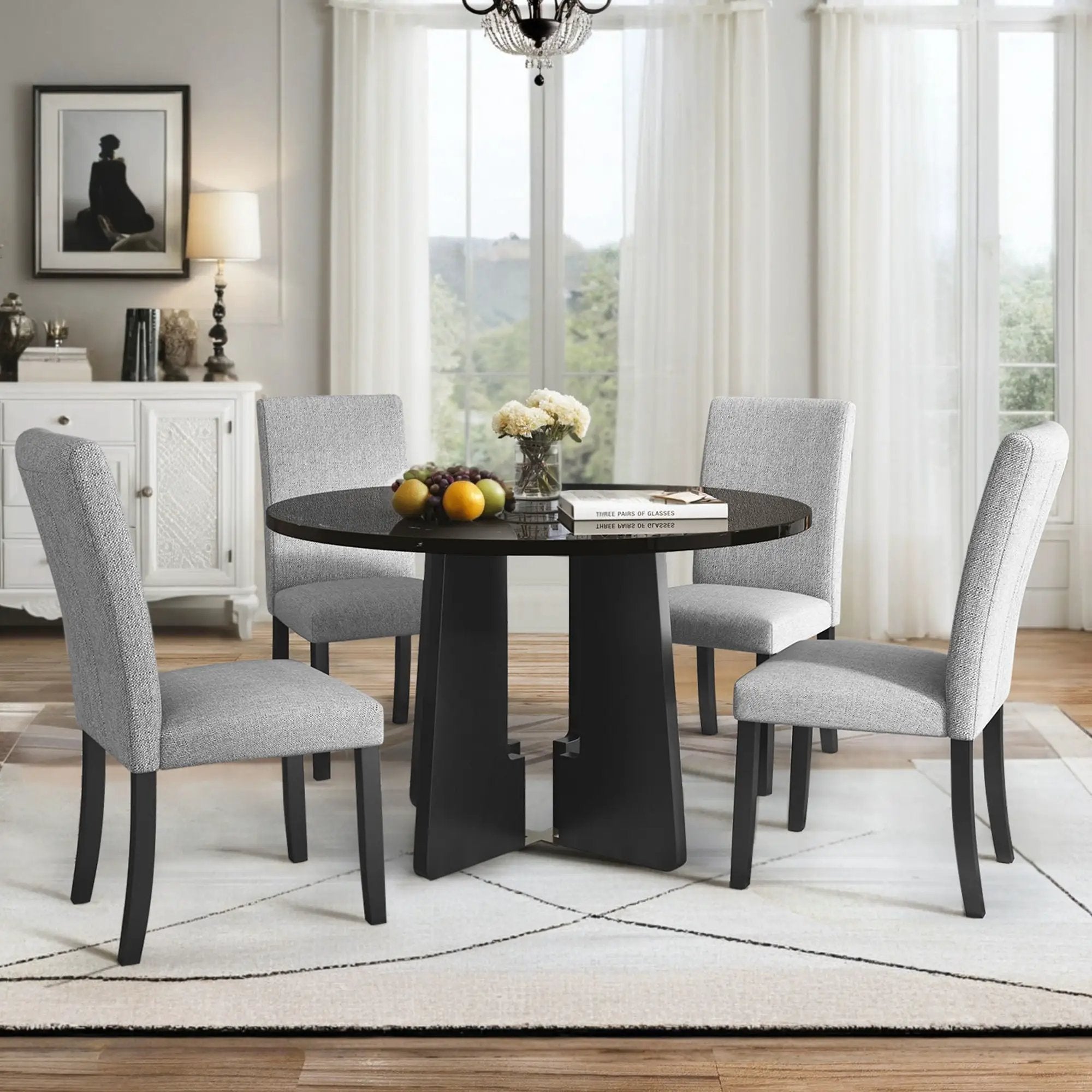 5 Piece Round Dining Table Set, Modern Table And 4 Upholstered Chairs For Dining Room by Unique Piece Furniture