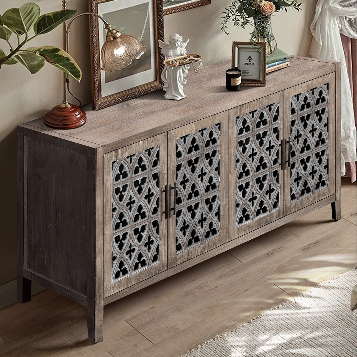 Hollow Four Door Antique Cabinet, American Country Style, Suitable for Living Room, TV Cabinet, Kitchen (Brown), photo 2 of 10