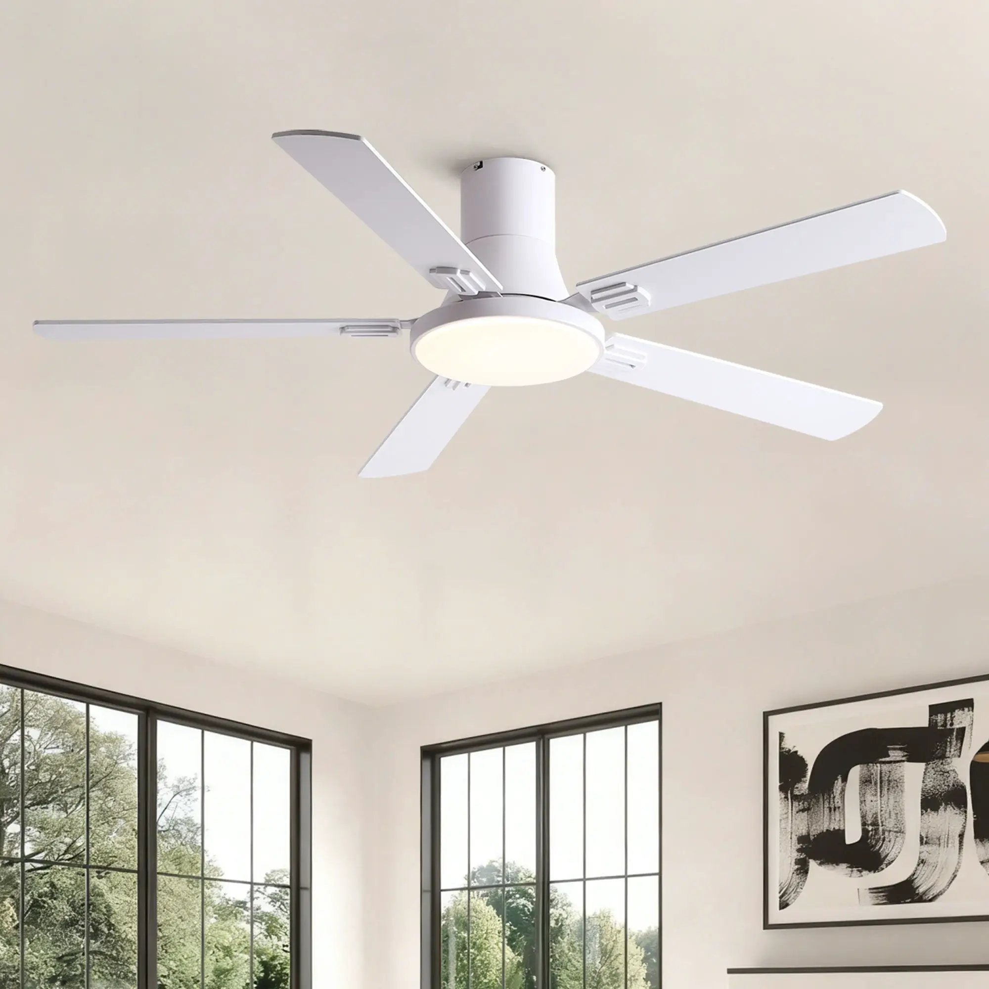 Flush Mount Ceiling Fans With LED Light And Remote Control, 5 Blades by Unique Piece Furniture