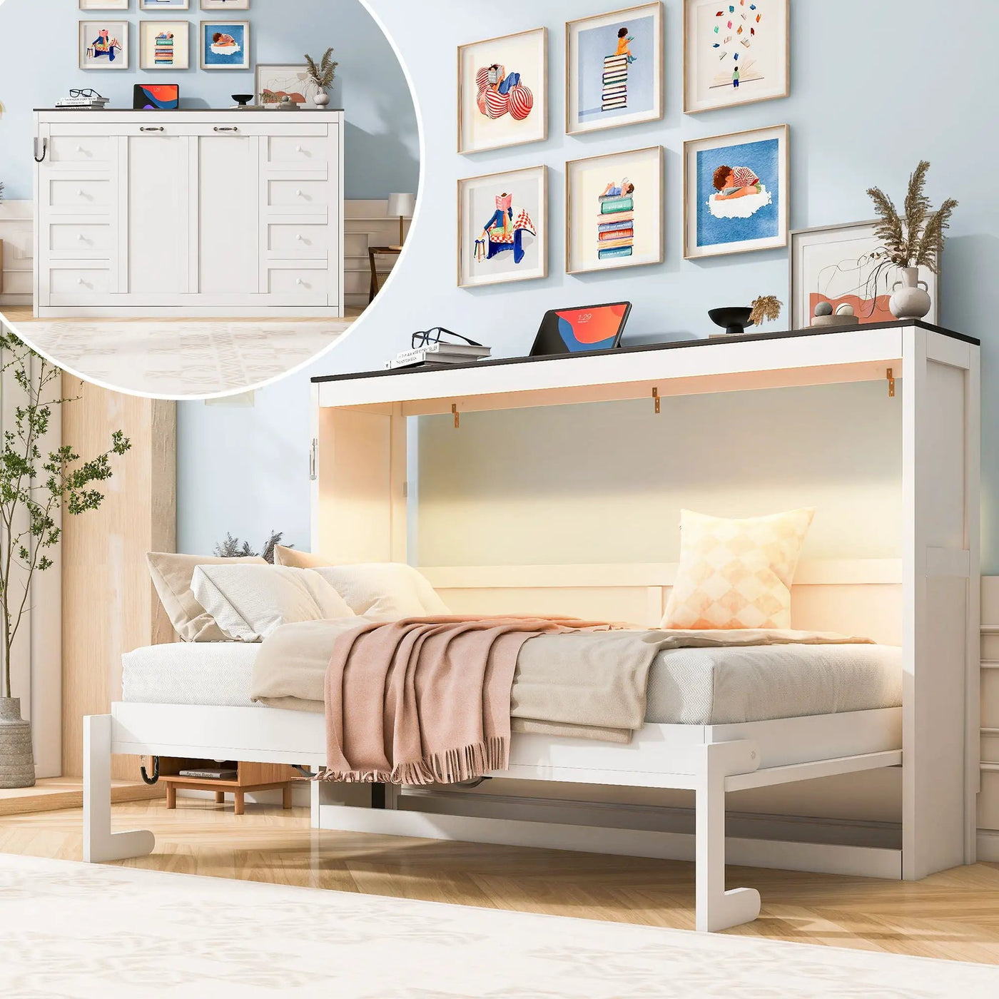 Murphy Bed With LED Light, Foldable Wall Bed Cabinet by Unique Piece Furniture