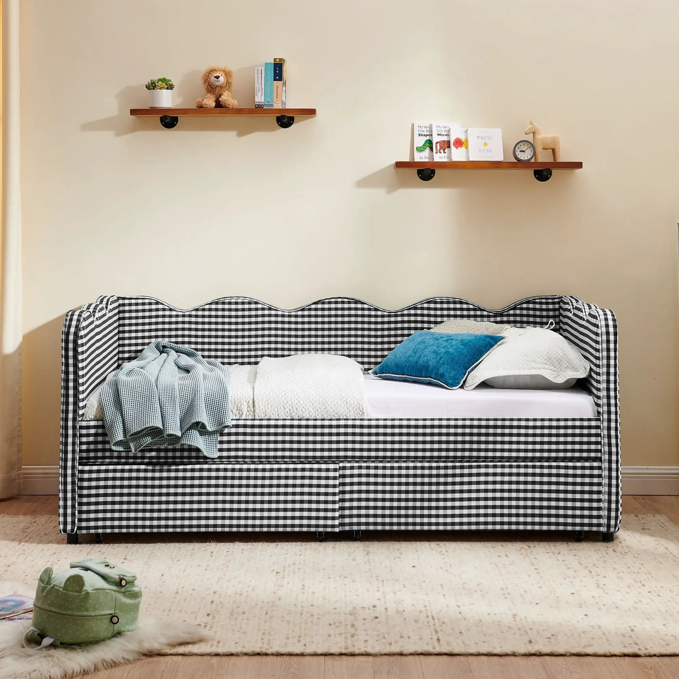 Gingham Daybed With USB Charging Port, Wave-Shaped Design by HouseOfZazla
