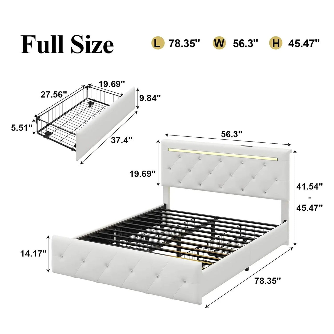 Upholstered Bed Frame With LED Lights, 4 Storage Drawers, Charging Station by HouseOfZazla
