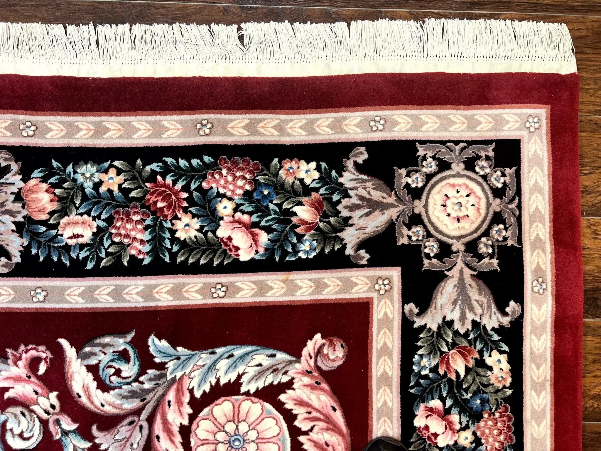 Chinese Aubusson Rug 9x12, Burgundy, Handmade Vintage Wool Carpet, Fine 210 KPSI, Elegant European Design by Jewel Rugs