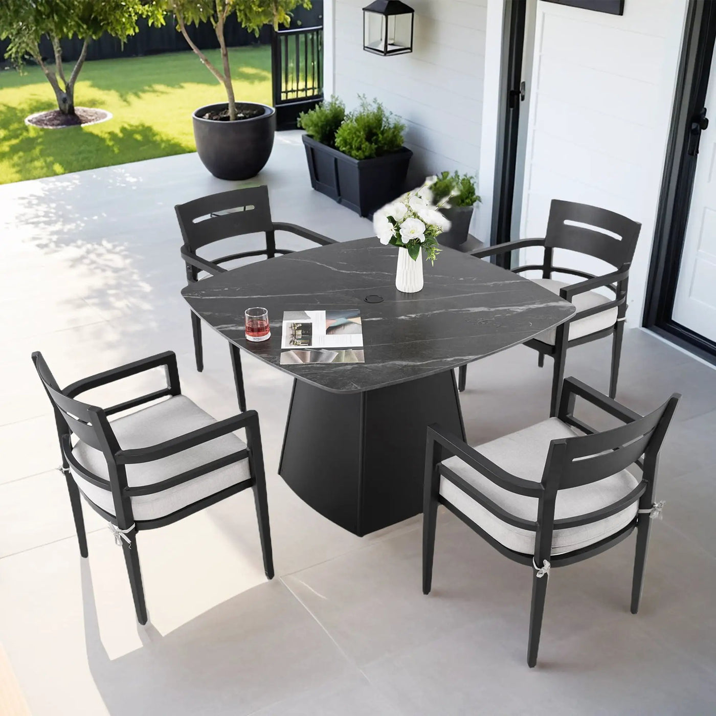 Outdoor Patio Dining Set, Squircle Dining Table, Dining Chairs With Sunbrella Cushions by HouseOfZazla