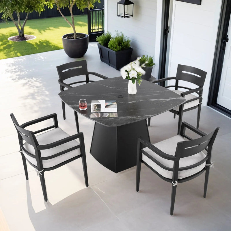 Outdoor Patio Dining Set, Squircle Dining Table, Dining Chairs With Sunbrella Cushions by HouseOfZazla