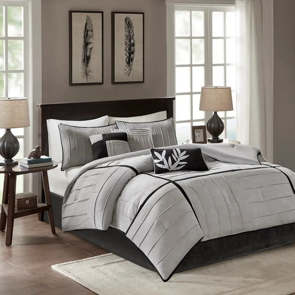 7 Piece Faux Suede Comforter Set Grey Full by HouseOfZazla