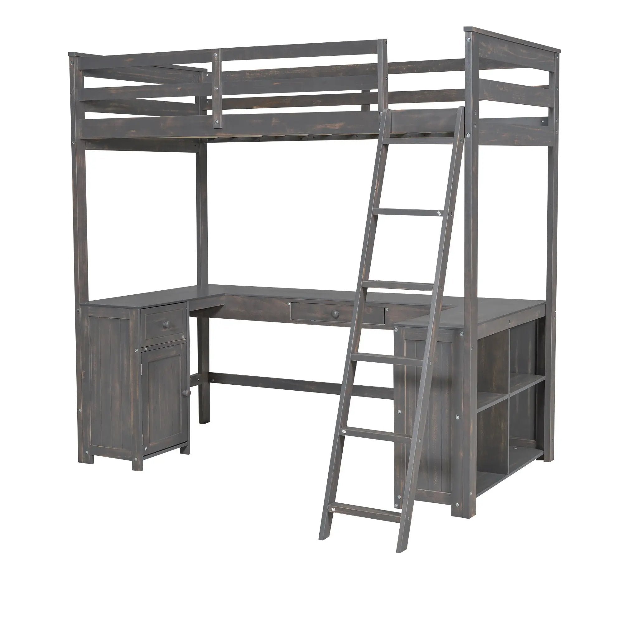 Loft Bed With U-Shaped Desk, Drawers, And Storage Shelves