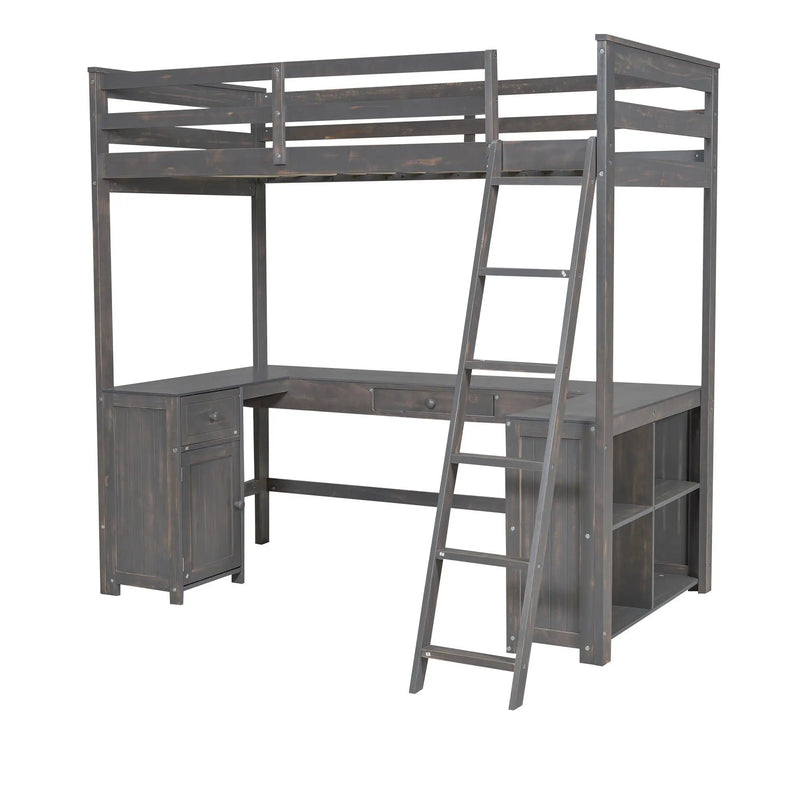 Loft Bed With U-Shaped Desk, Drawers, And Storage Shelves