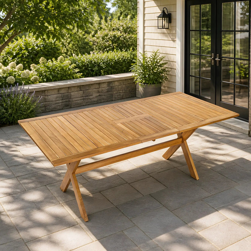 60-76" Acacia Wood Outdoor Dining Table, Telescopic, Teak Finish by HouseOfZazla