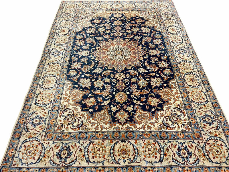 Persian Isfahan Rug 4x5, Navy Blue & Ivory, Wool and Silk Highlights by Jewel Rugs