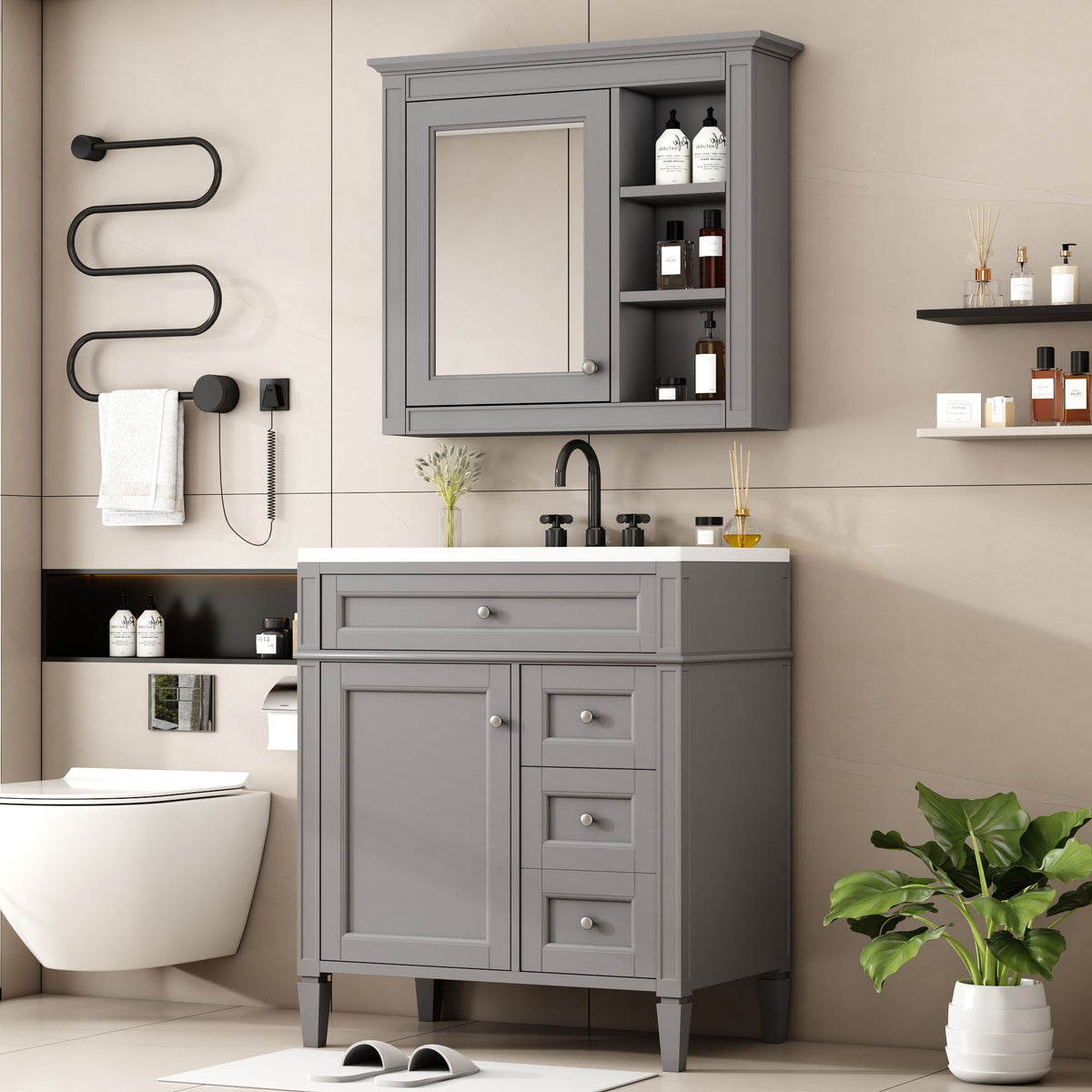 Gray Bathroom Vanity with Ceramic Sink, Storage Cabinet & Mirror, photo 3 of 4