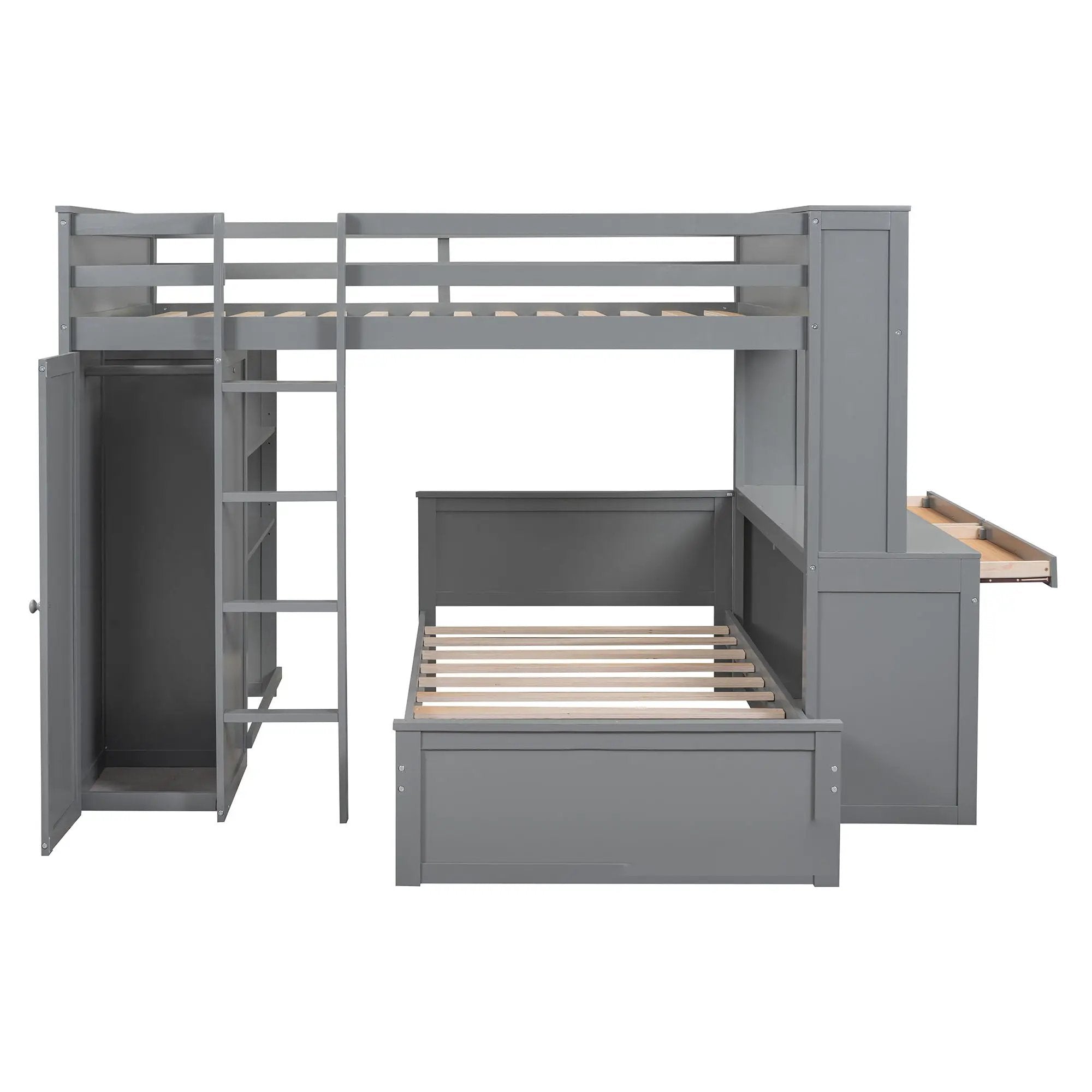 Loft Bed With A Twin Size Standalone Bed, Shelves, Desk, And Wardrobe by HouseOfZazla