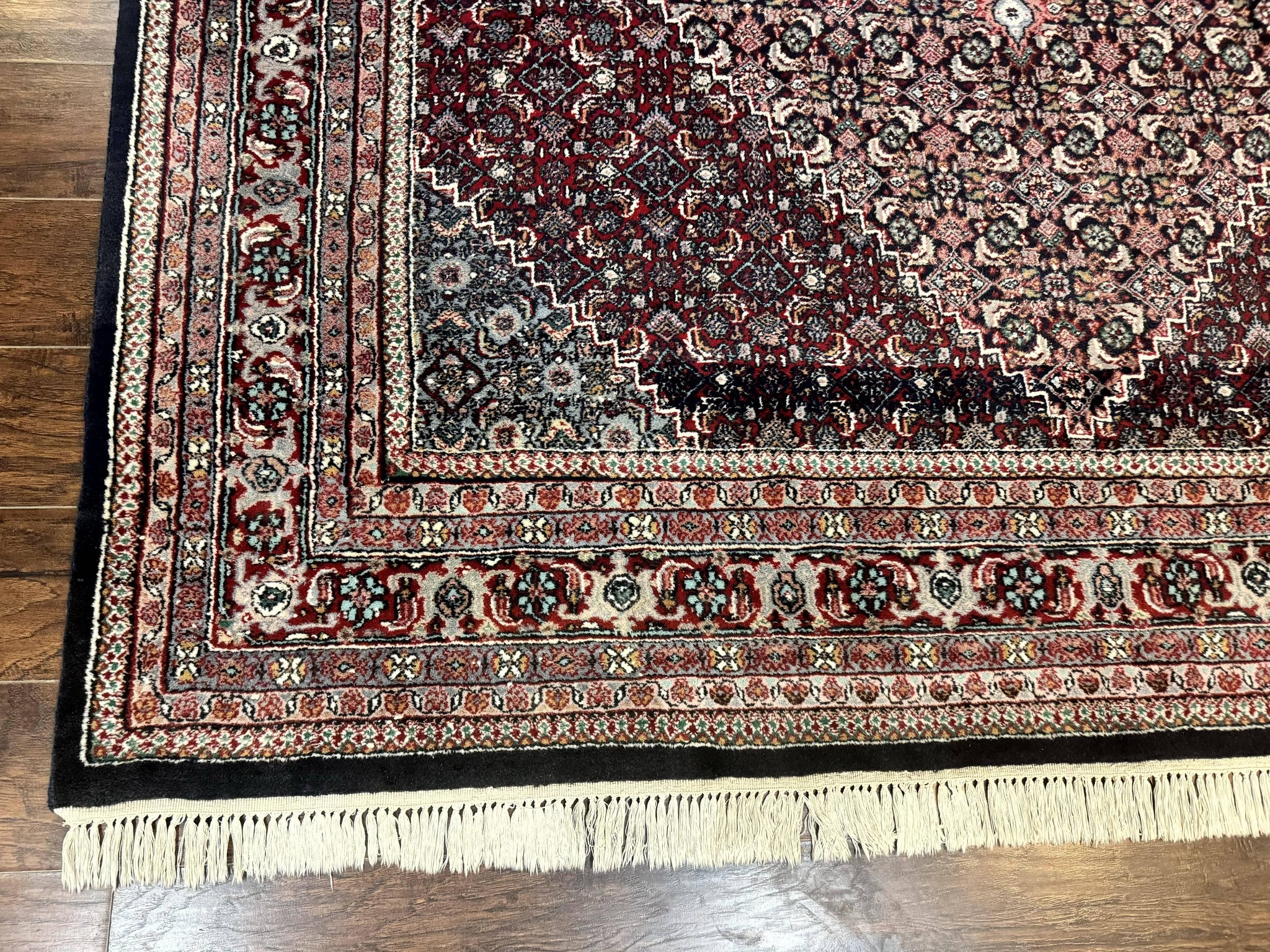 Indo Persian Bidjar Rug 8x11, Herati Mahi Pattern, Red Navy Blue, Handmade Vintage Wool Carpet by Jewel Rugs