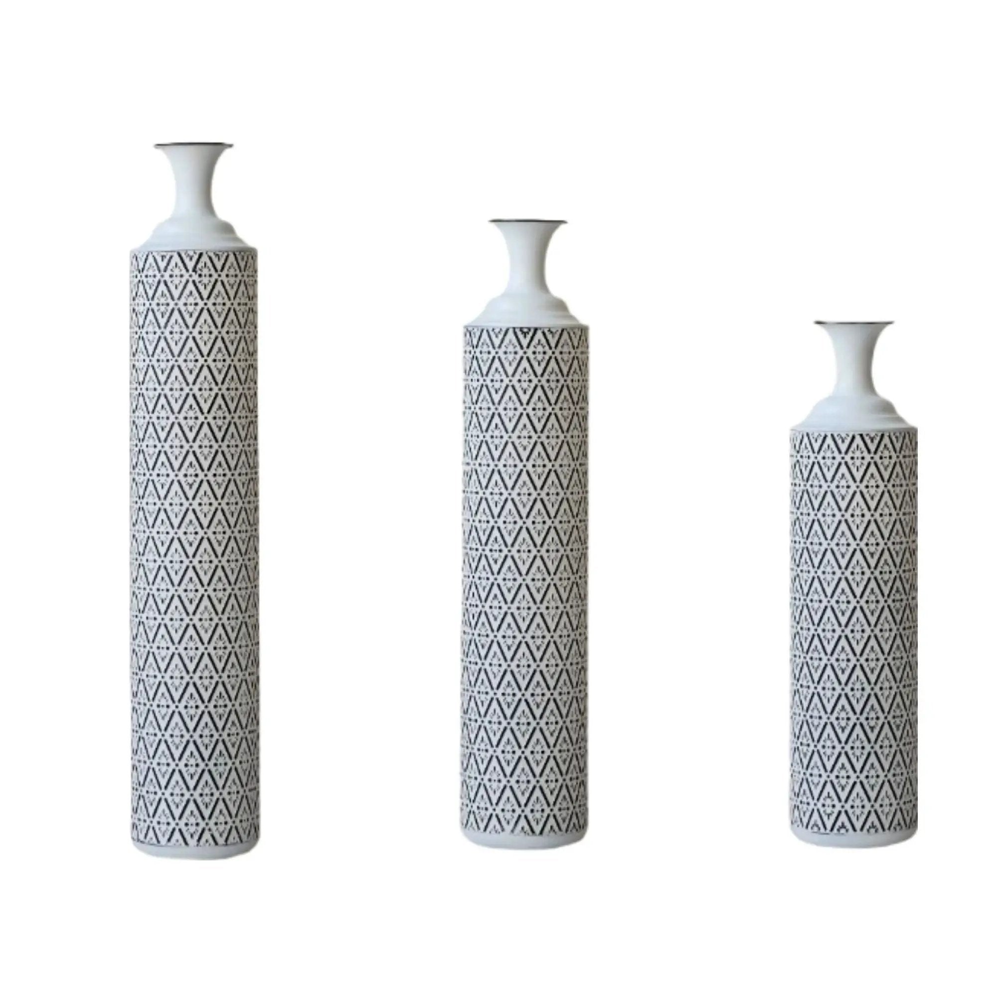 Modern Floor Vase Set Metal Vases With Geometric Pattern, 3 Piece Home Decor Set - White / Black by Unique Piece Furniture