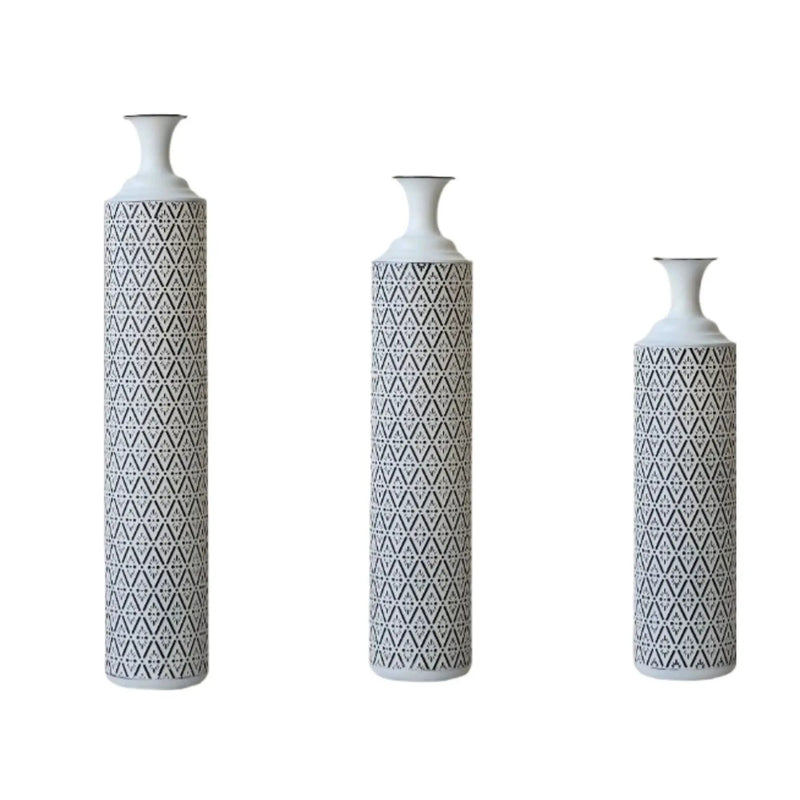 Modern Floor Vase Set Metal Vases With Geometric Pattern, 3 Piece Home Decor Set - White / Black by Unique Piece Furniture