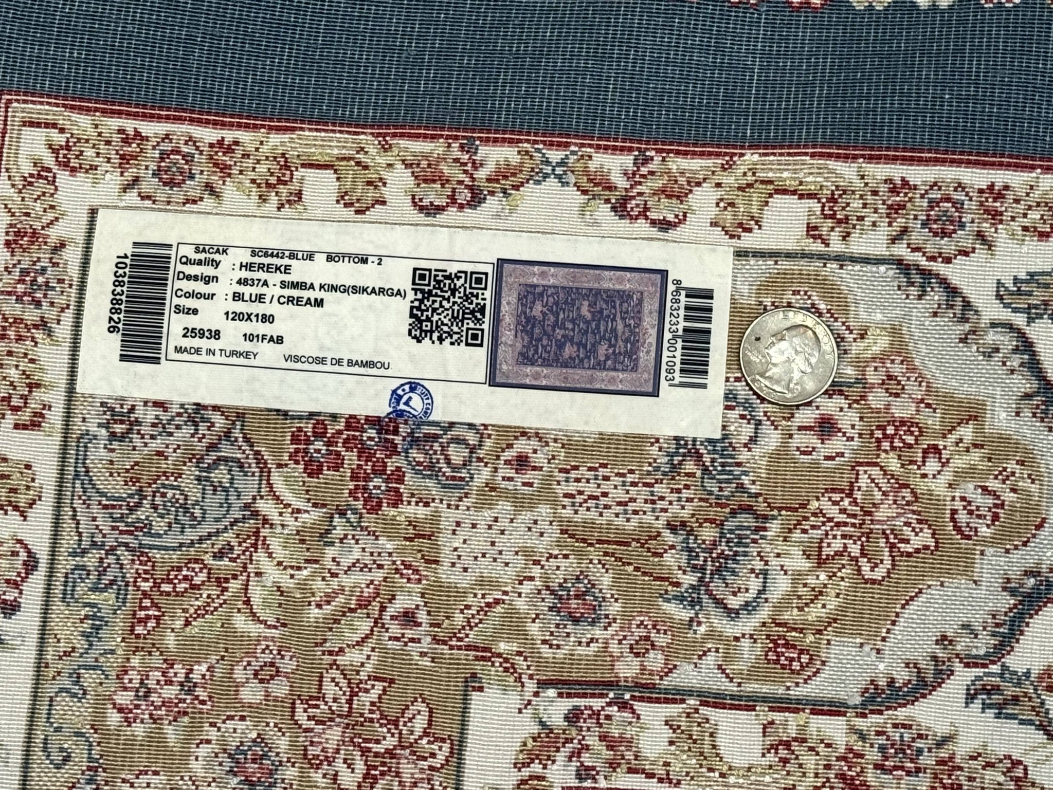 Turkish Silk Hunting Design Rug 4x6, Dark Steel Blue & Ivory, Bamboo Silk, New by Jewel Rugs