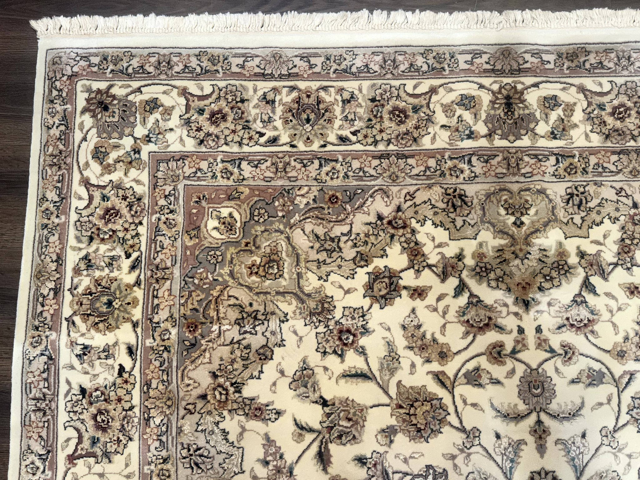 Sino Persian Rug 6x9, Floral Medallion, Ivory & Taupe, Wool with Silk Highlights, Fine 210 KPSI by Jewel Rugs
