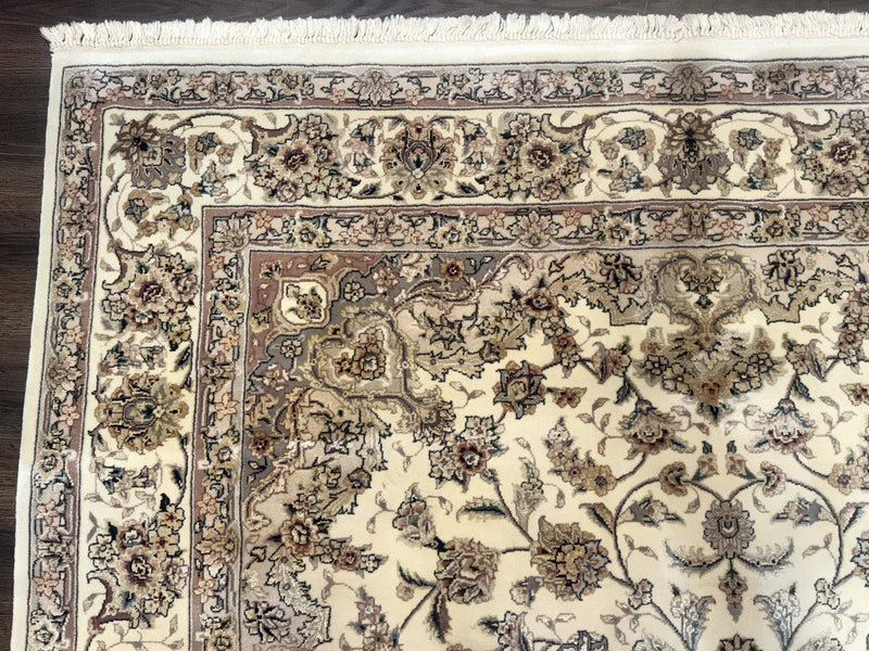 Sino Persian Rug 6x9, Floral Medallion, Ivory & Taupe, Wool with Silk Highlights, Fine 210 KPSI by Jewel Rugs