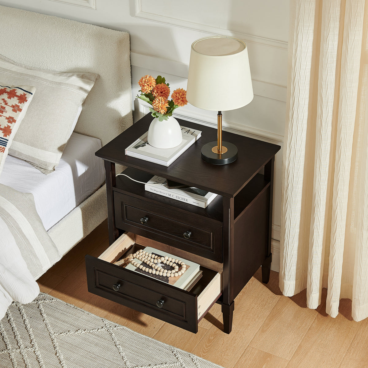 Wooden Bedside Nightstand with Open Cubby & 2 Storage Drawers, photo 3 of 10
