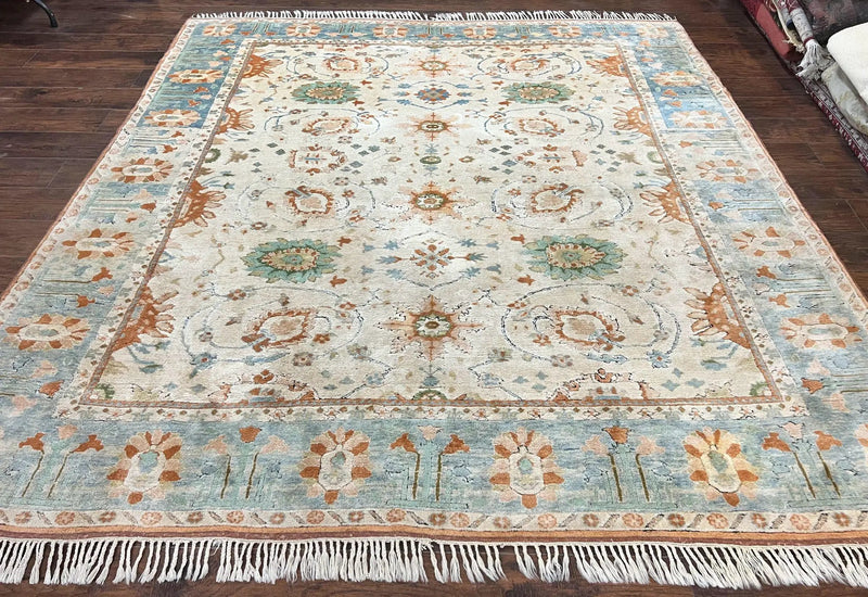 Turkish Oushak Rug 9x10, Farmhouse Rug, Beige & Light Blue by Jewel Rugs