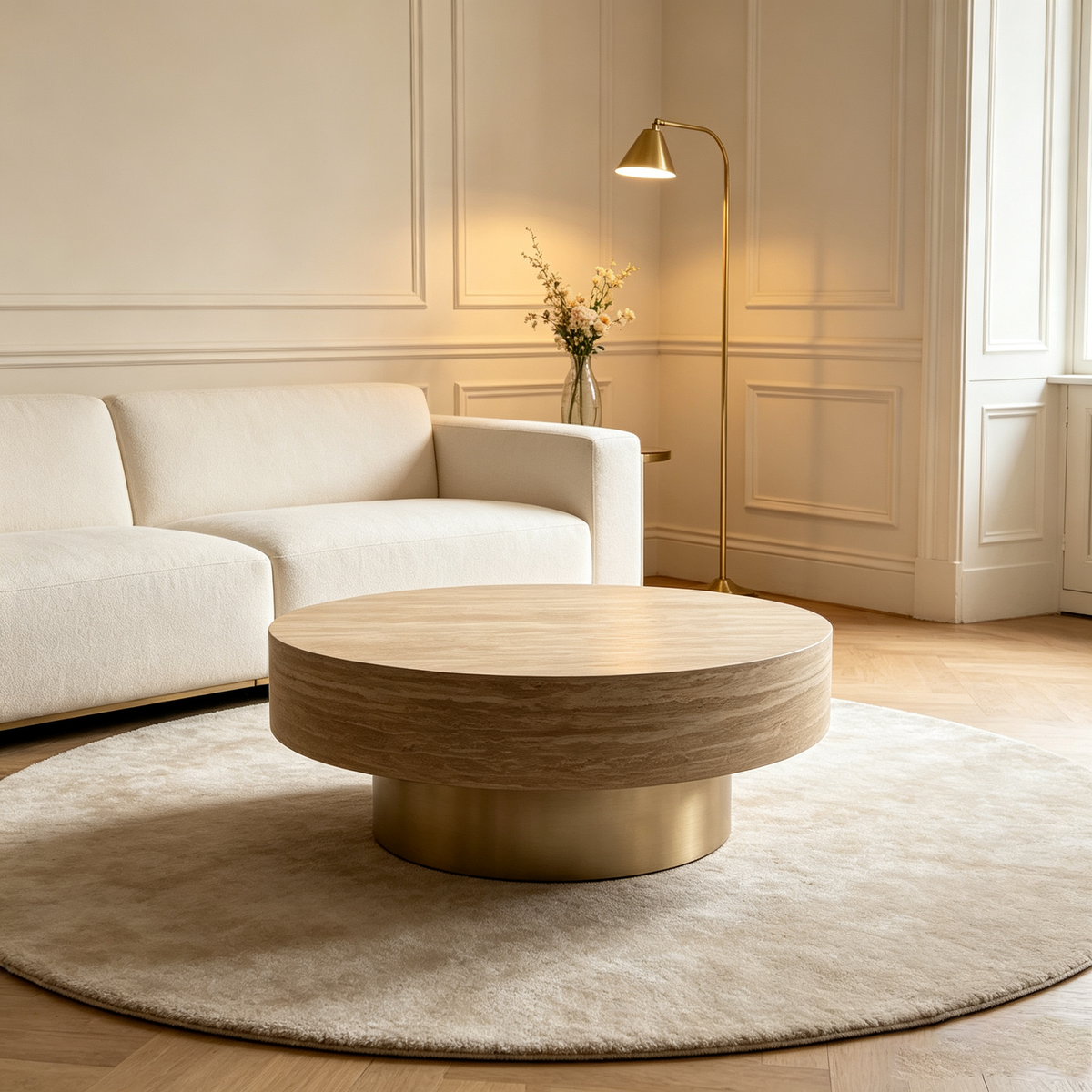 31.88 Inch Round Travertine Coffee Table with MDF Base - Beige