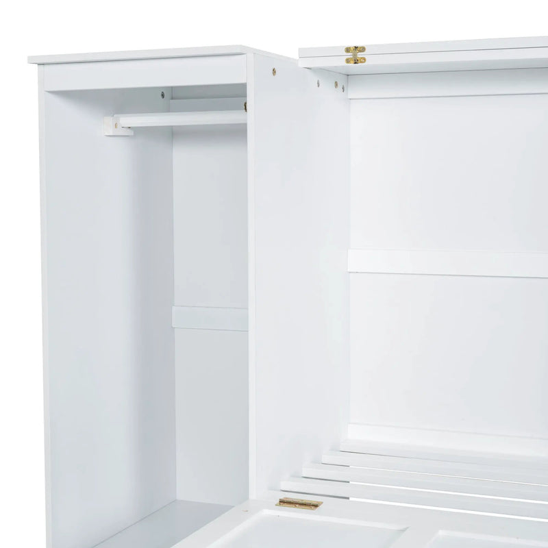 Twin Size Murphy Bed With Bedside Shelves And Wardrobe - White