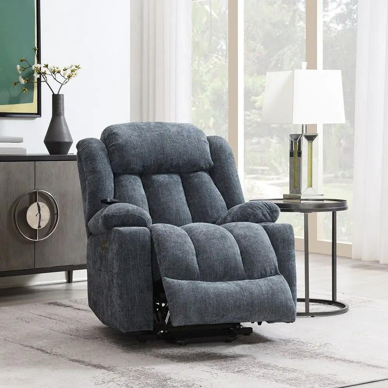 Omarion - Power Recliner With Lift, Heating & Massage - Blue Chenille by Unique Piece Furniture