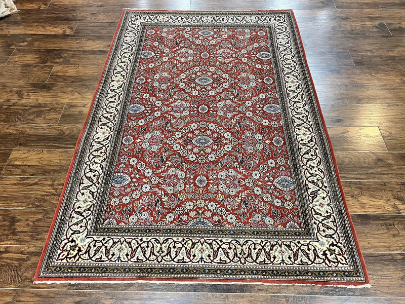 Red Persian Qum Rug 5 x 7.6, Hand Knotted Vintage Wool Fine Carpet 270 KPSI, Floral Allover by Jewel Rugs