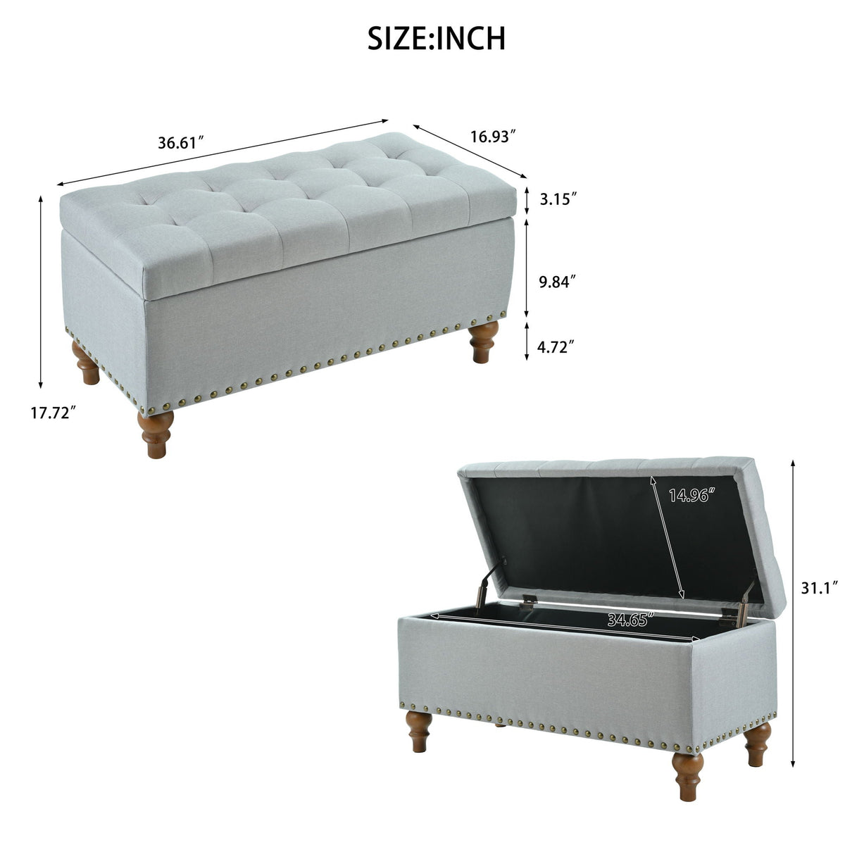 Upholstered Ottoman with Storage and Rivet Trim - Fabric, Beige or Gray, photo 4 of 8