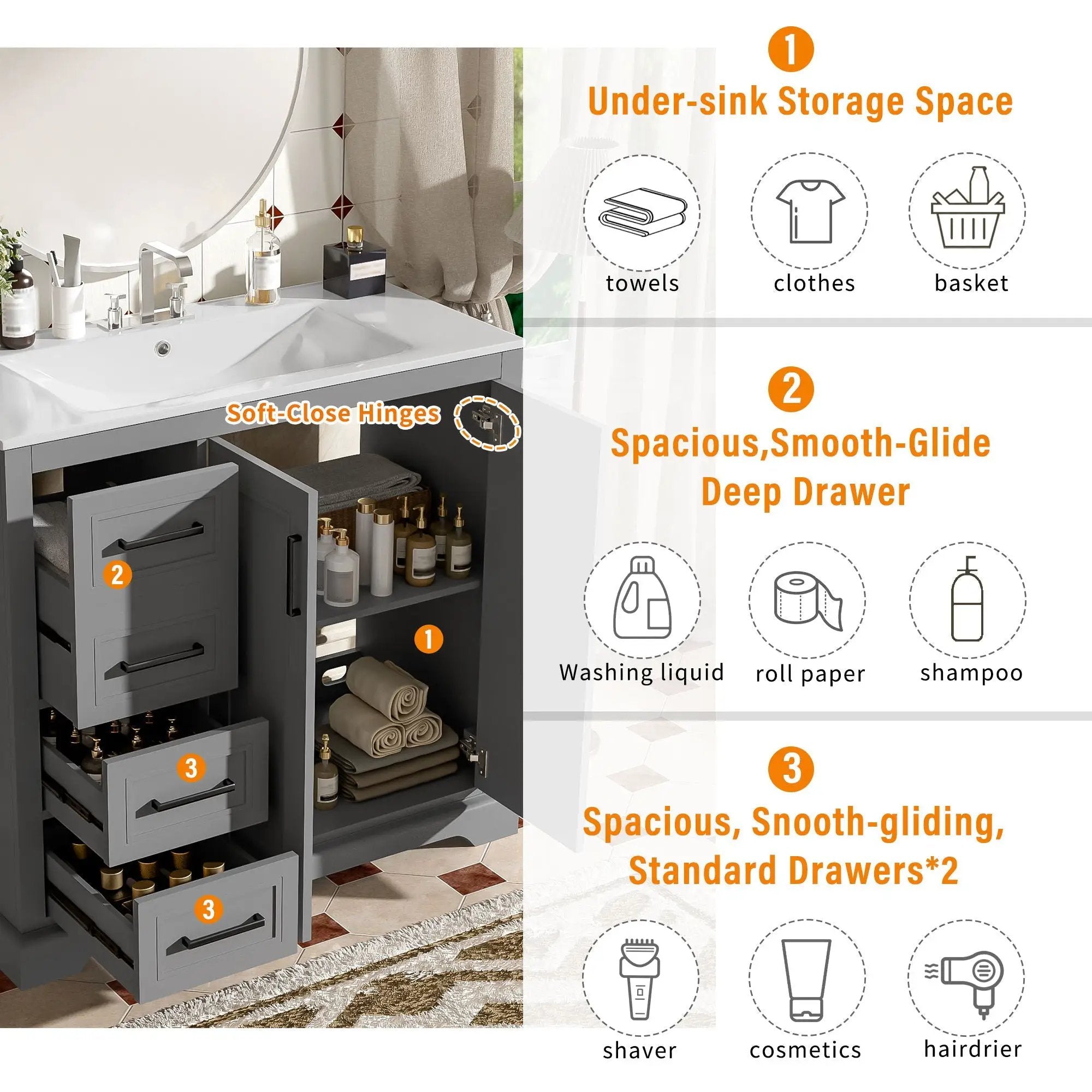 Bathroom Vanity With Sink, Soft Close Doors, Adjustable Shelf & 3 Drawers by HouseOfZazla