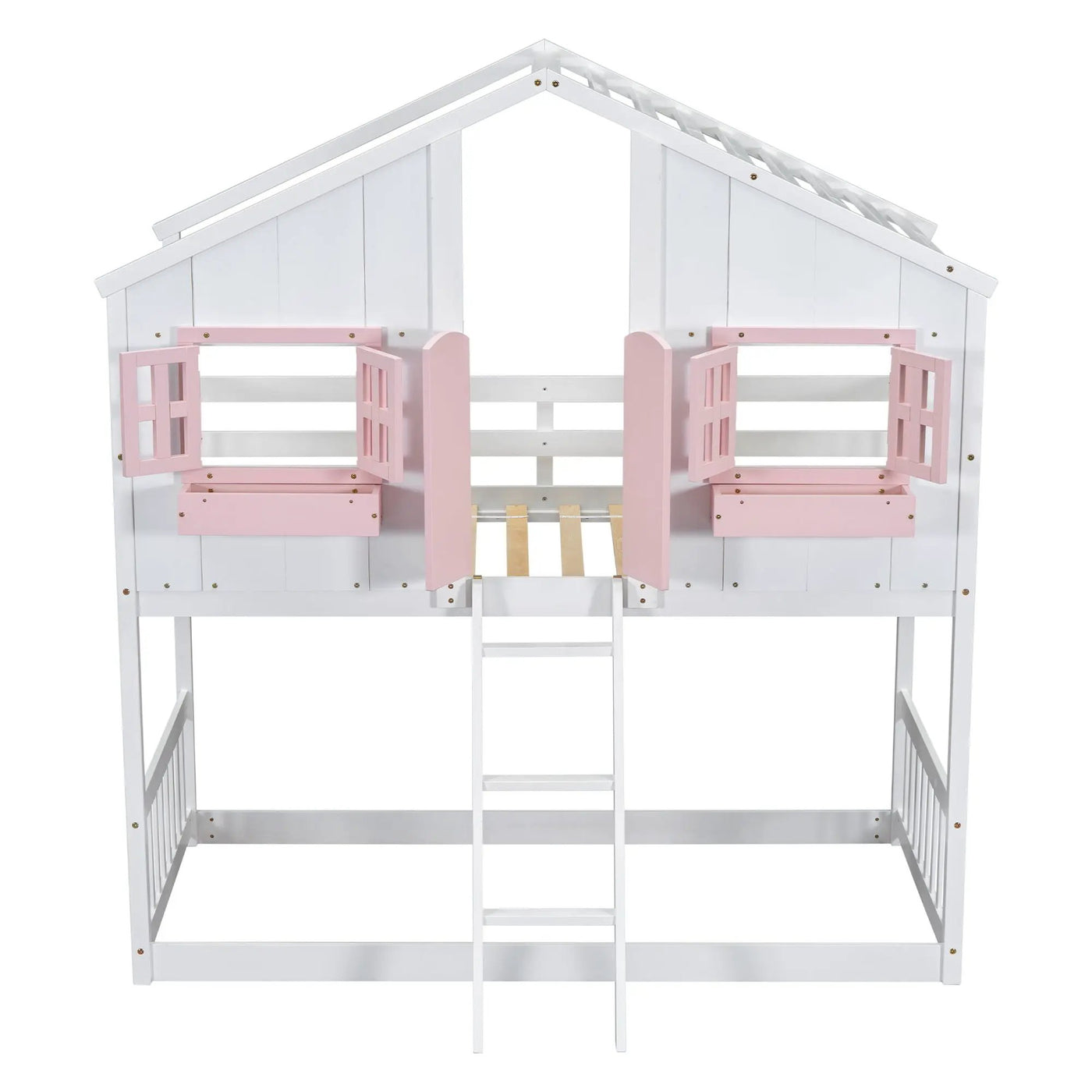 House Bunk Bed With Roof, Window, Window Box, Door, With Safety Guardrails And Ladder by HouseOfZazla