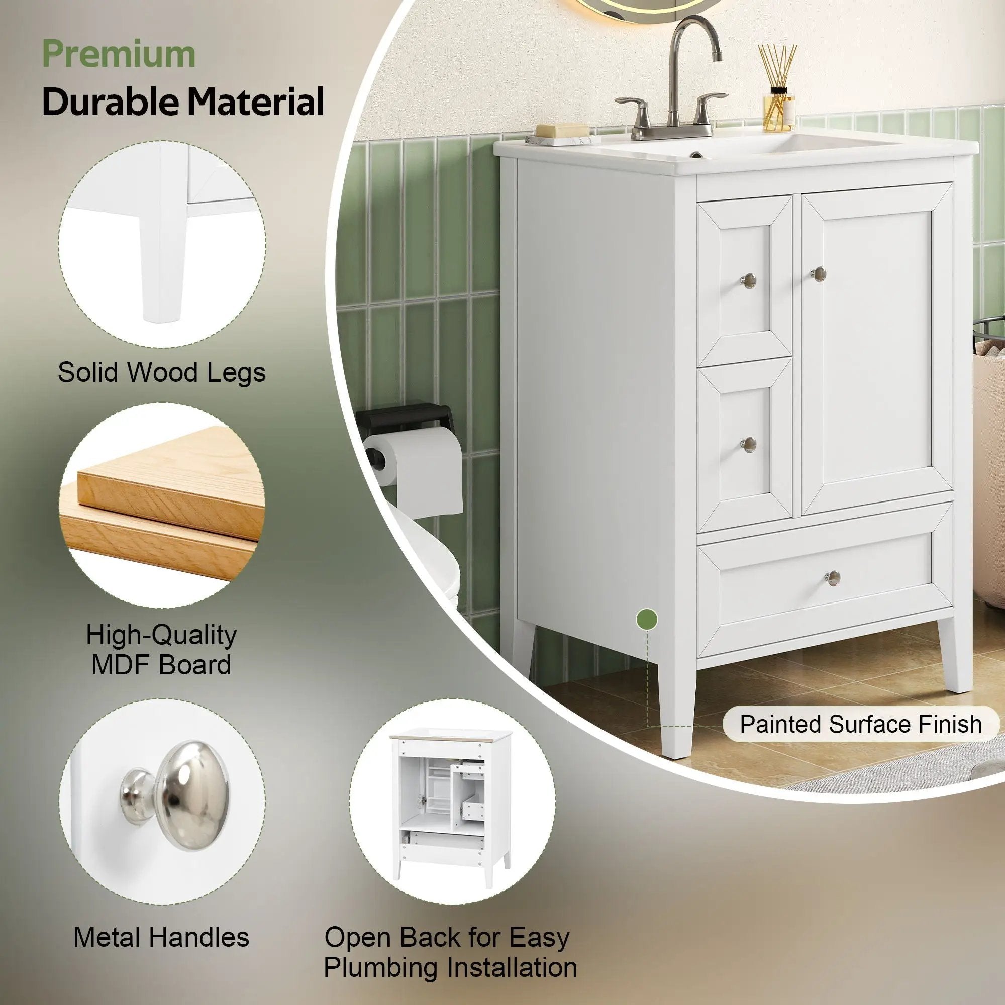 Modern Bathroom Vanity With Sink, Soft Close Drawers & Door, Storage Rack by HouseOfZazla
