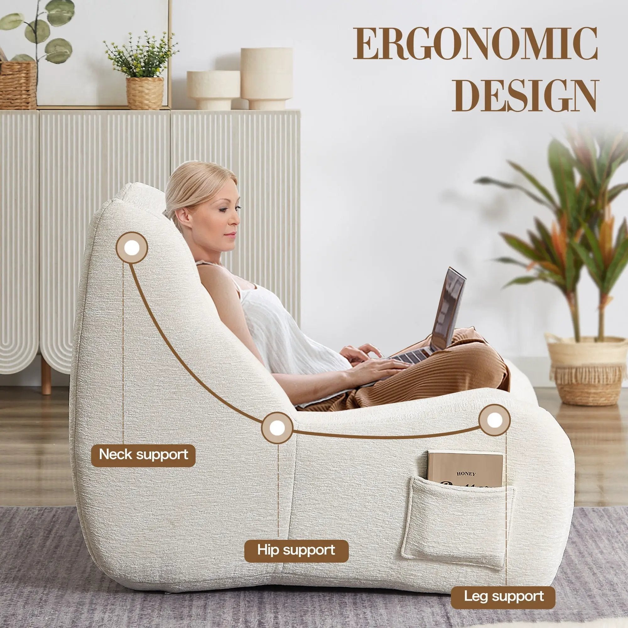 Bean Bag Chair For Adults, Lazy Floor Sofa Couch Memory Foam Bean Bag Sofas Chenille Fabric Reading Chair Comfortable Corner Lounge Sofa For Living Room - White by HouseOfZazla
