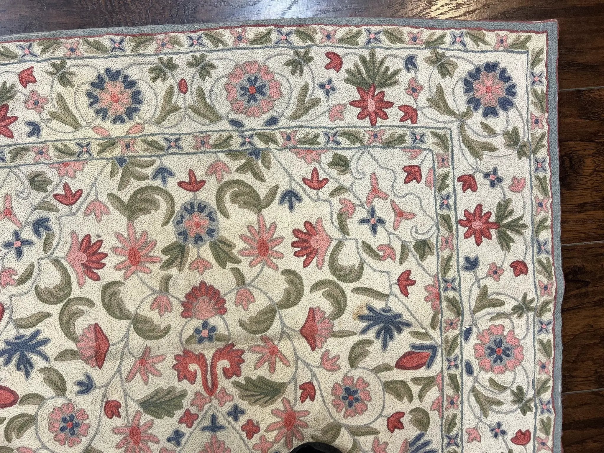 Hand Stitched Indian Rug 4x5, Floral, Vintage Hand Embroidered Rug by Jewel Rugs
