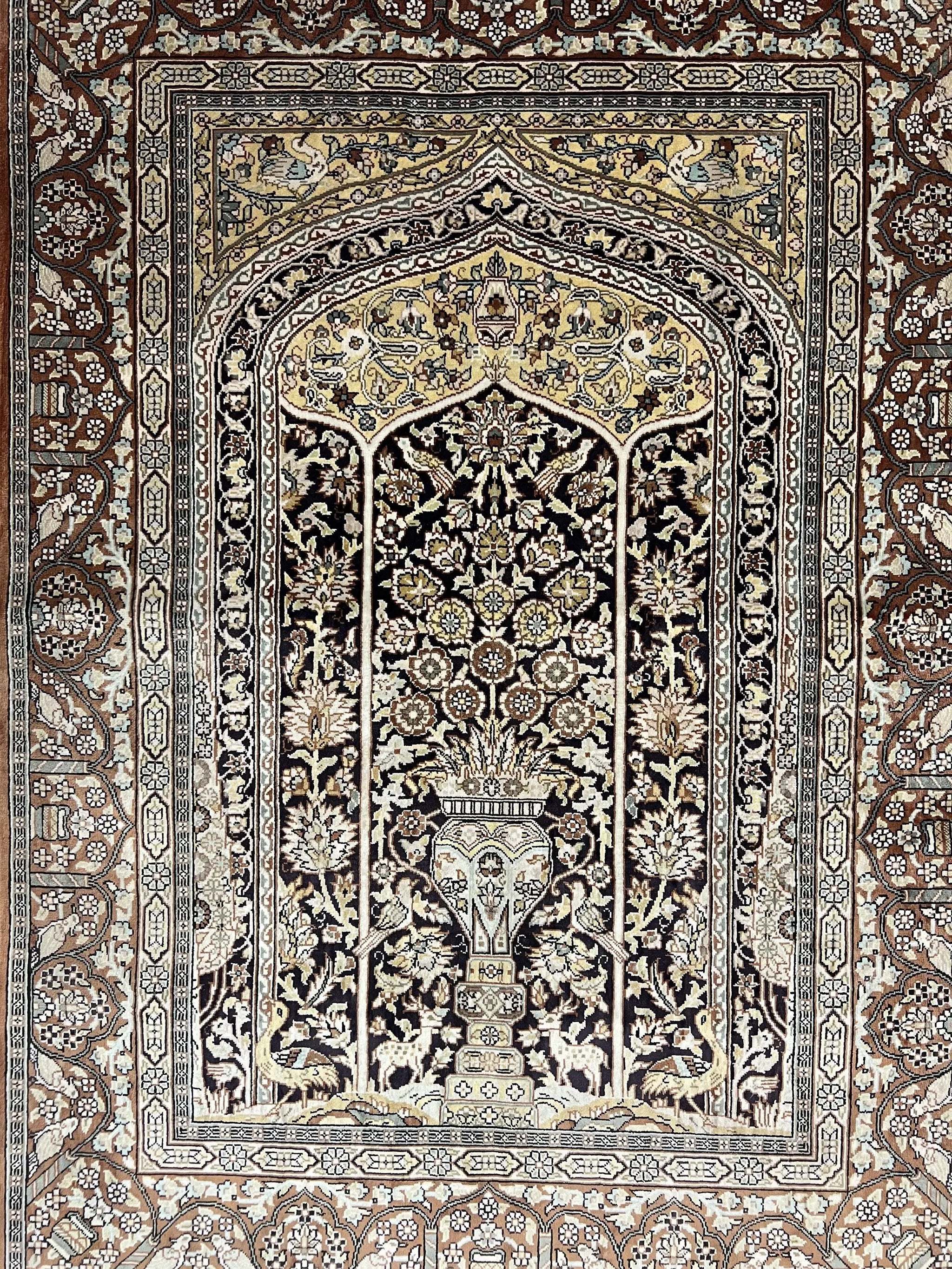 Turkish Silk Hereke Rug 2x3, Floral Vase Tree of Life Birds, Silk Pile on Silk Foundation, Vintage Oriental Carpet, Very Fine, Signature by Jewel Rugs