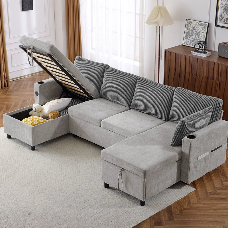 Sectional Sofa Bed With Pull Out Sleeper, USB Ports, Cup Holders by HouseOfZazla