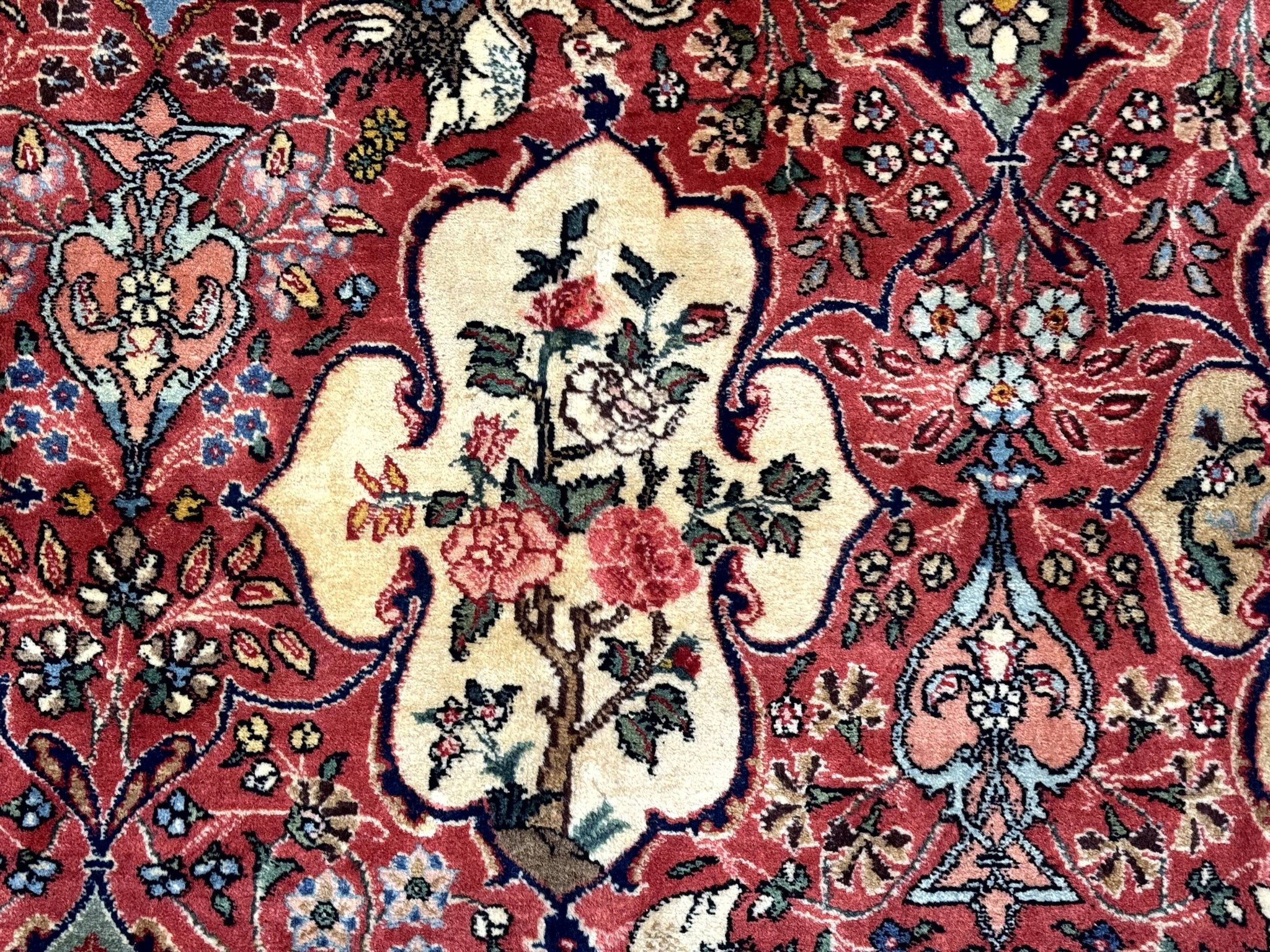 Antique Tabriz Persian Rug 7x10, Red Cream Tan, Unique Design, Fine 270 KPSI, Birds, Floral by Jewel Rugs
