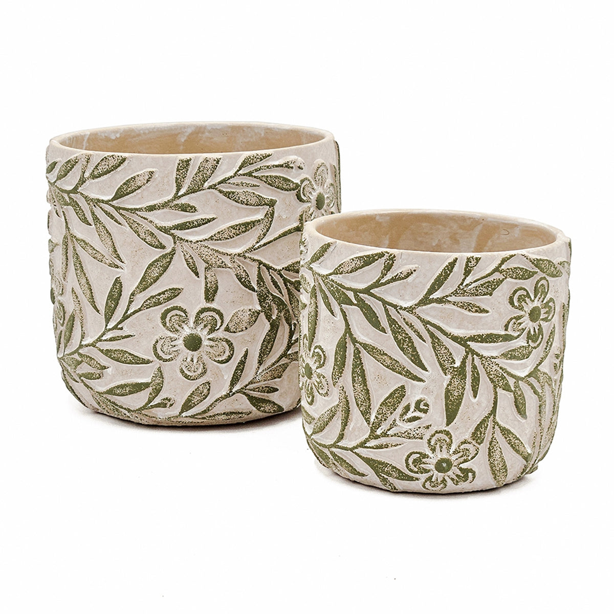 Set of 2 Garden Pots & Planters with Etched Floral Motif - Green & Gray, photo 2 of 10