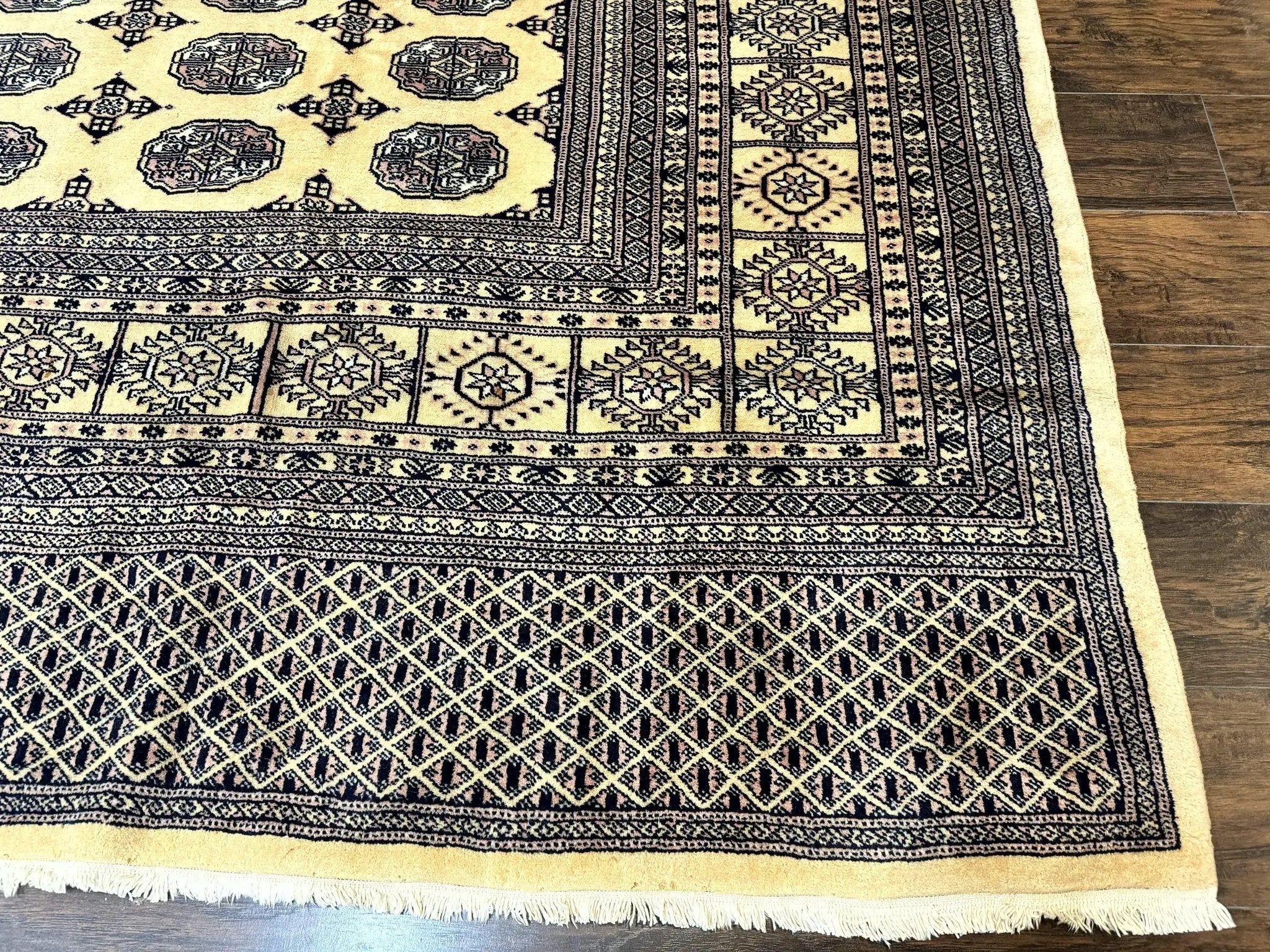 Pakistani Bokhara Turkoman Rug 9x11, Cream, Handmade Wool Vintage Carpet by Jewel Rugs