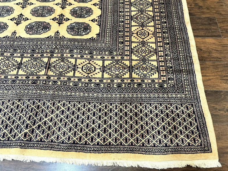 Pakistani Bokhara Turkoman Rug 9x11, Cream, Handmade Wool Vintage Carpet by Jewel Rugs