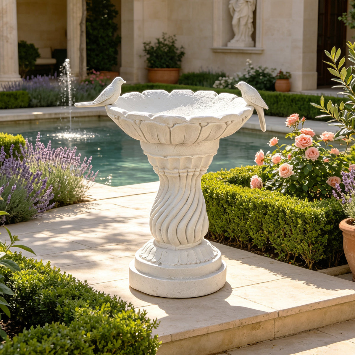Magnesium Oxide Garden Bird Bath Statue with Twisted Pedestal - White Stone Finish