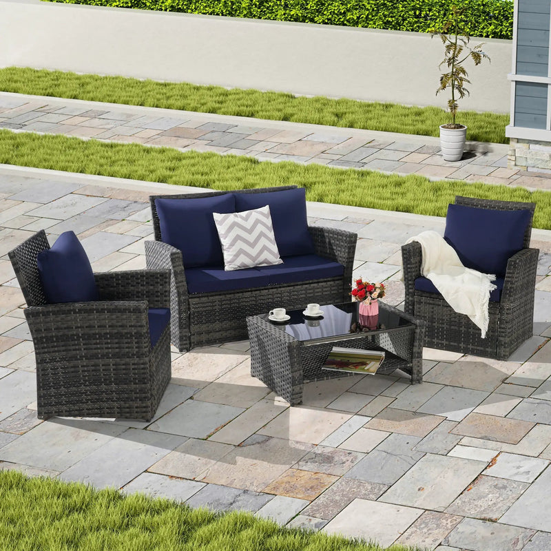 4 Pieces Outdoor Patio Furniture Set with Rattan Chairs and Tempered Glass Table by HouseOfZazla