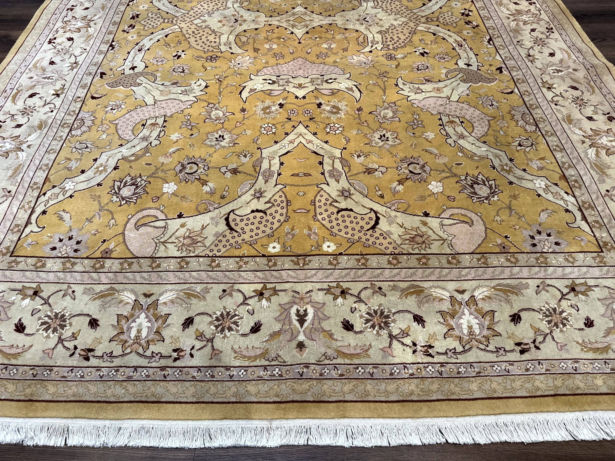 Sino Persian Rug 8x11, Wool with Silk Highlights, Unique Colors, Gold and Light Green, Fine 240 KPSI by Jewel Rugs
