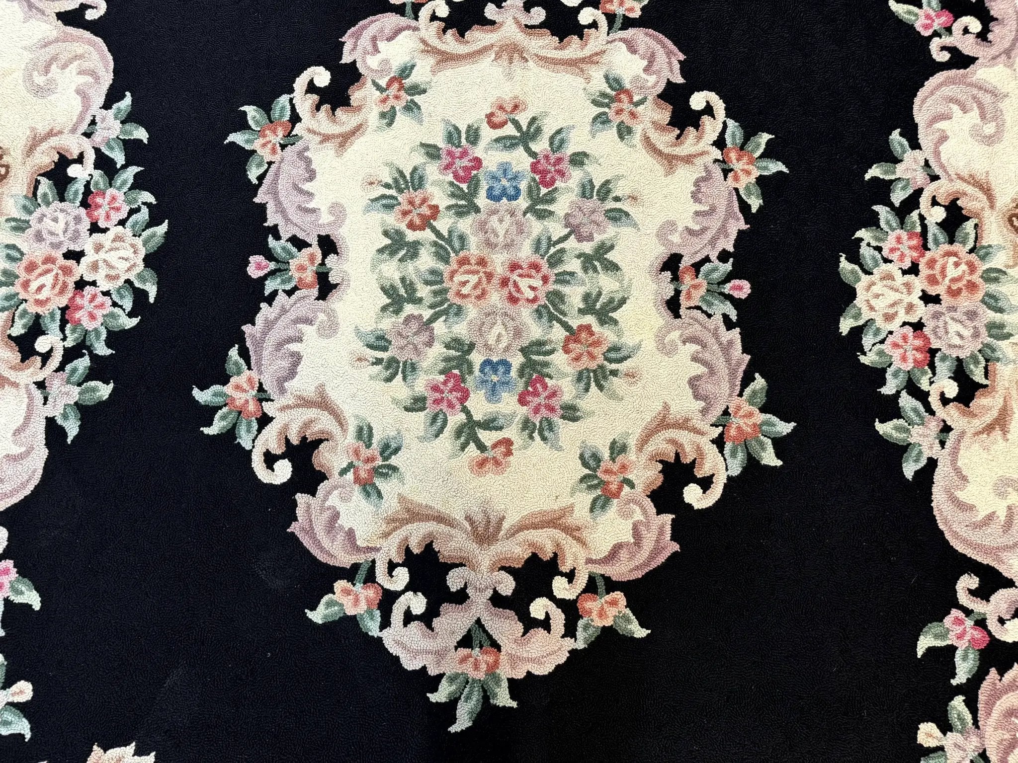 Aubusson Rug 8x11, Black and Ivory, Hooked Rug, Vintage, Wool by Jewel Rugs