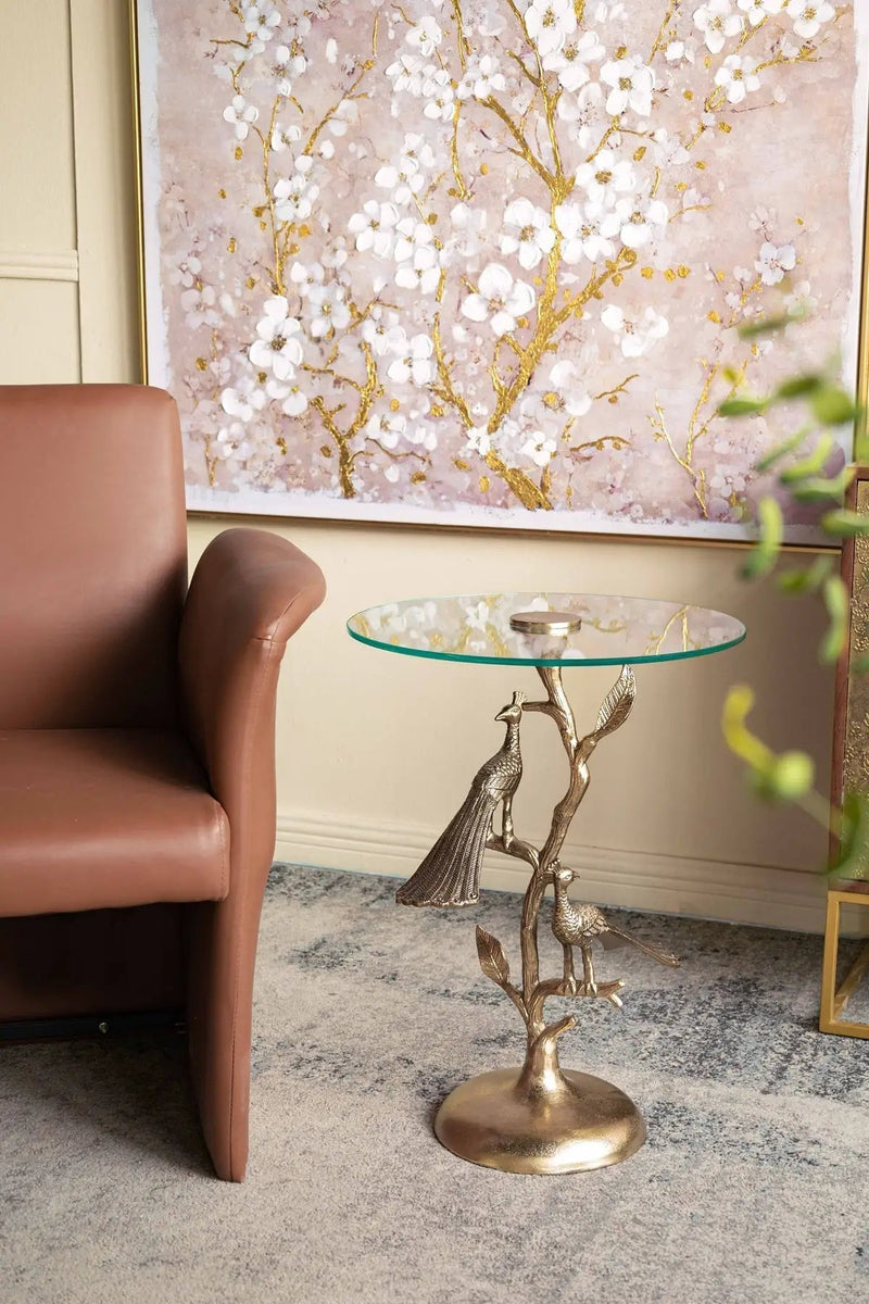 Gold Peacock Side Table with Round Glass Top by HouseOfZazla
