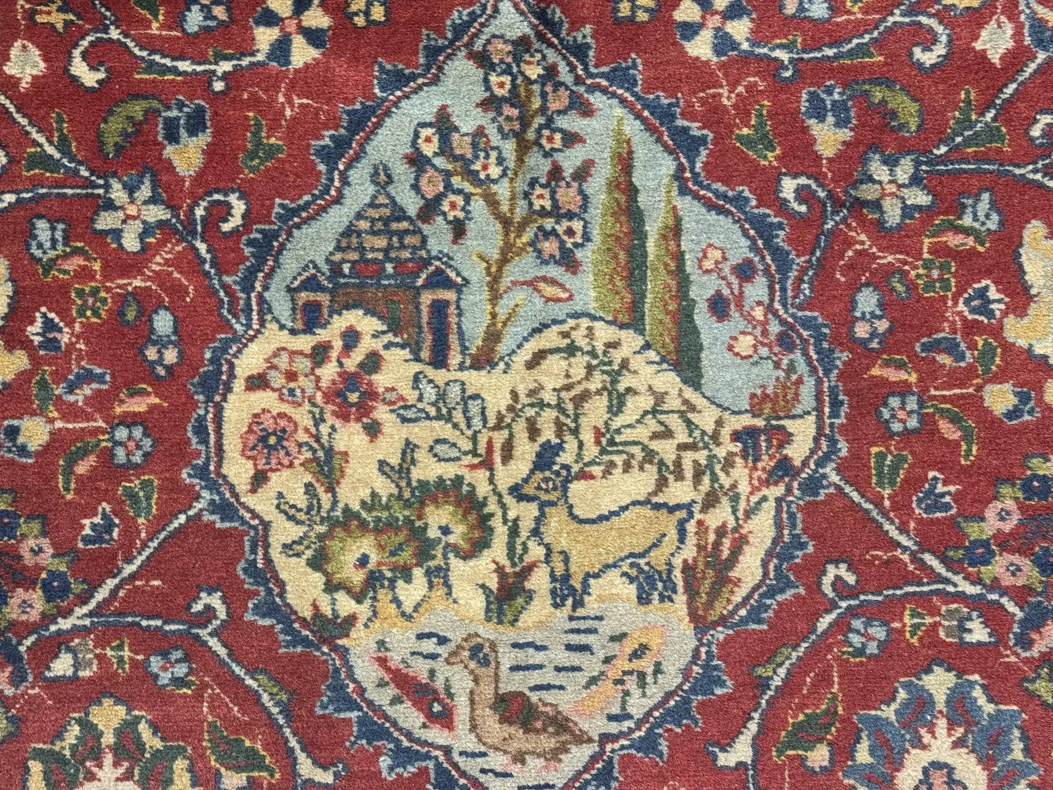 Small Persian Tabriz Rug 2.8 x 4.7, Red, Animal Pictorials, Semi Antique Vintage by Jewel Rugs