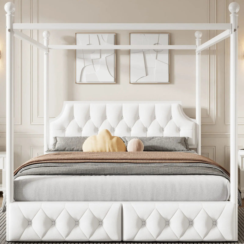Queen Size Canopy Platform Bed With Upholstered Headboard And 2 Storage Drawers - White by HouseOfZazla