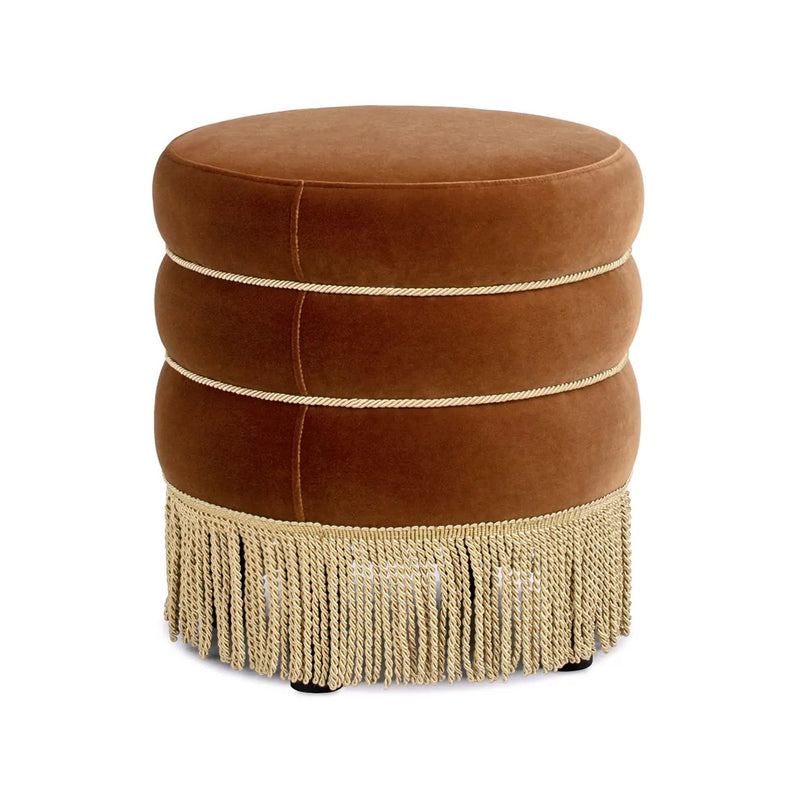 Edward 17.5" Round Upholstered Ottoman with Bullion Fringe Burnt by HouseOfZazla