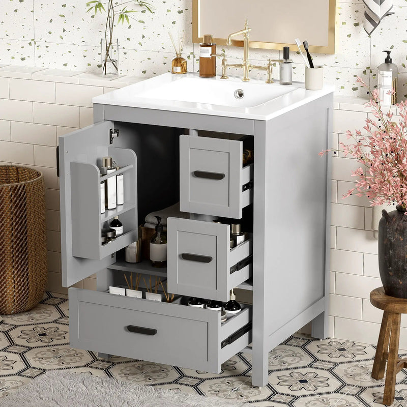 Bathroom Vanity With Sink, Soft Close Door, Double Layer Door Shelf And 3 Drawers - Gray by Unique Piece Furniture