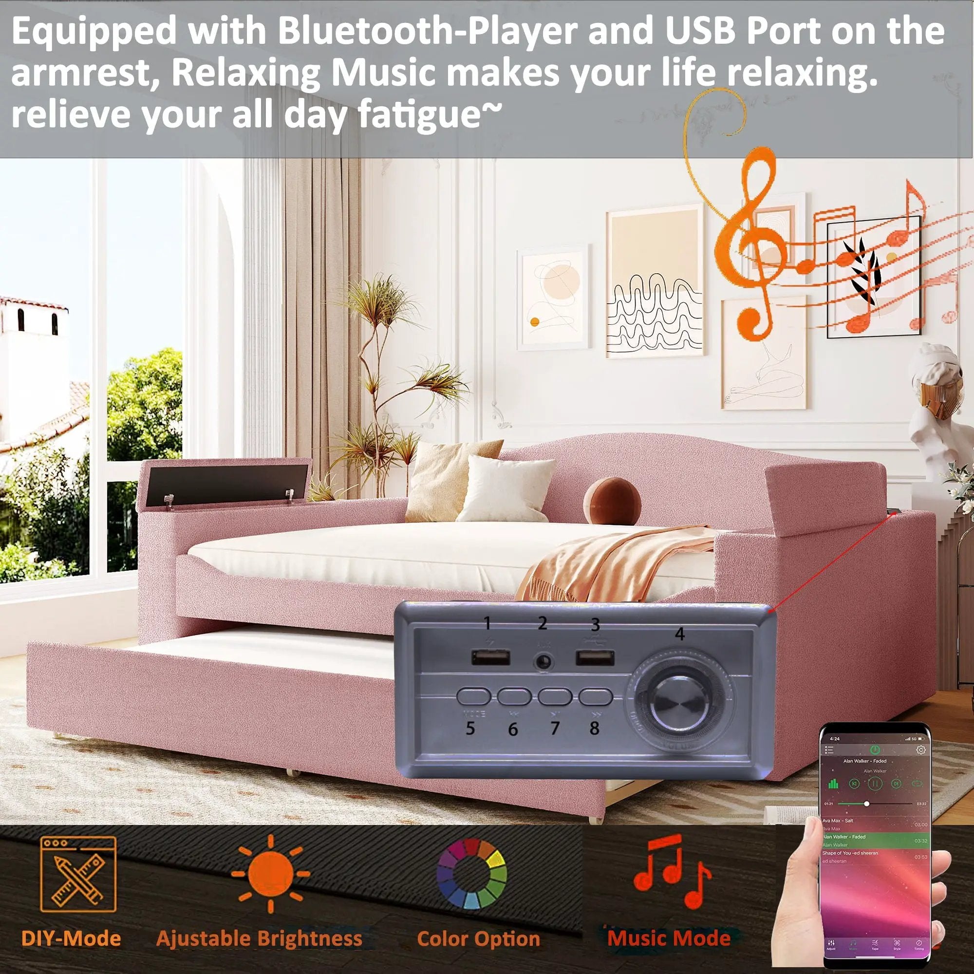 Upholstered Daybed With Storage Armrests, Trundle And Latest Integrated tooth Audio System by HouseOfZazla